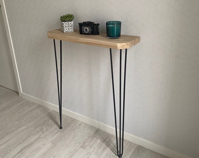 Oak console table with beveled corners in an industrial style