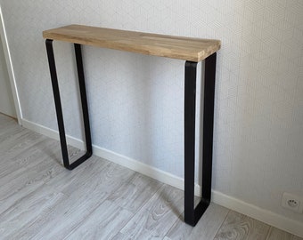 Industrial style console in solid oak with curved angle metal foot