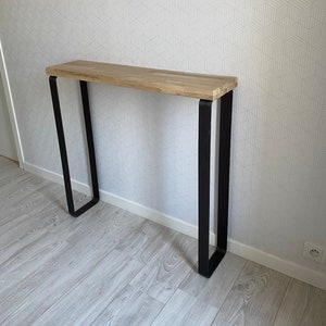 Industrial style console in solid oak with curved angle metal foot image 1