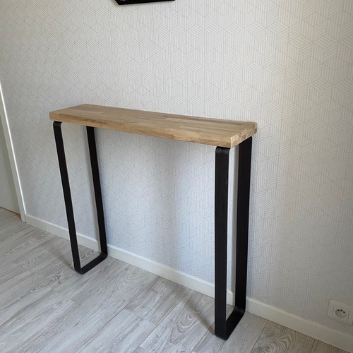 Industrial style console in solid oak with curved angle metal foot