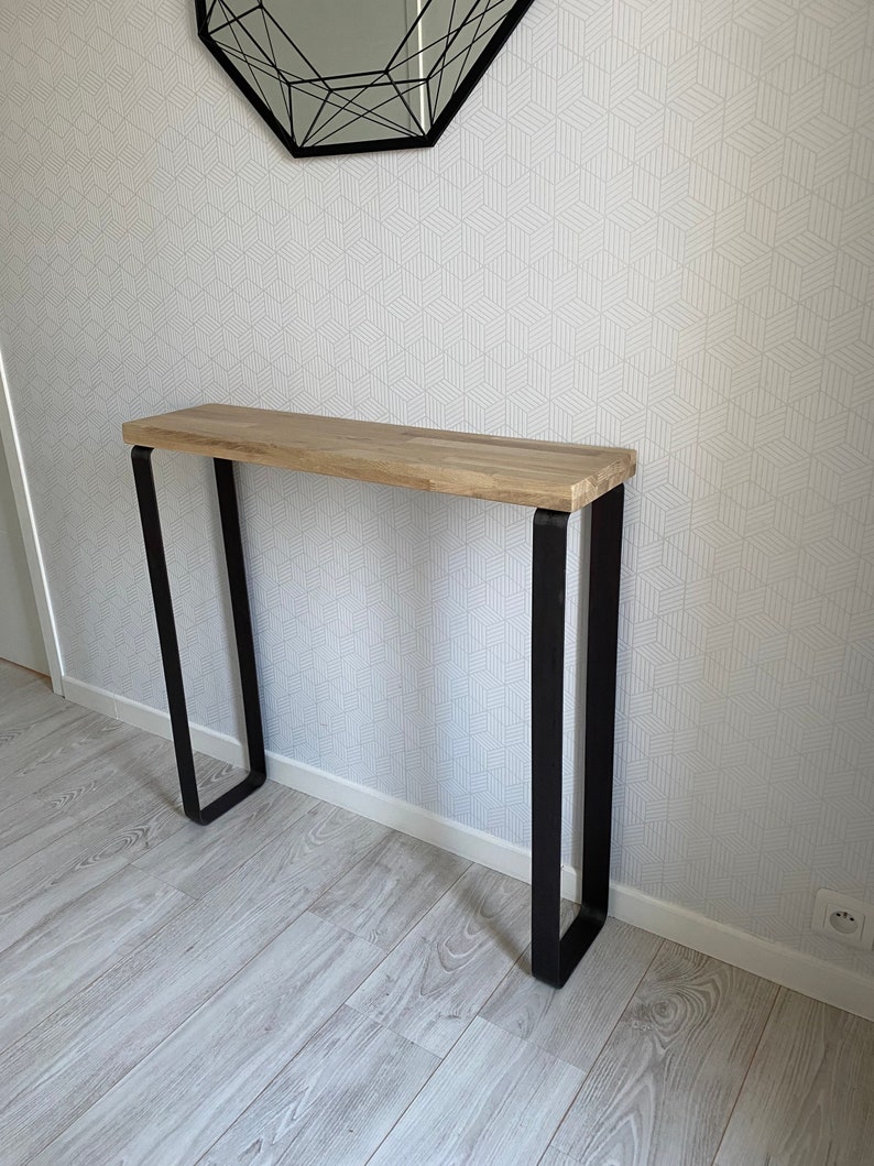 Industrial style console in solid oak with curved angle metal foot image 1