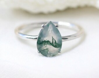 Anillo de ágata musgosa, anillo de plata de ley, anillo de compromiso de ágata musgosa, anillo de promesa único para ella, anillo de piedra preciosa verde, anillo de estilo