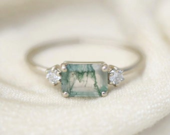 Anillo de ágata musgosa de plata de ley 925, anillo de compromiso, anillo de piedra preciosa verde, regalo de joyería para ella.