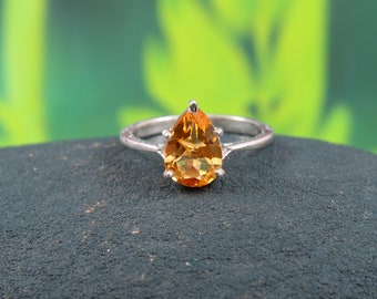 Natural Pear Cut Citrine Ring, Sterling Silver, Cubic Zirconia Accents