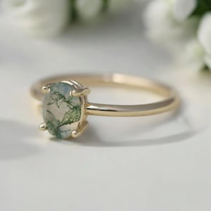 Moss Agate Ring Natural Moss Agate promise ring for her Ring For Women, Oval Cut Engagement Ring Solitaire Ring promise ring for her