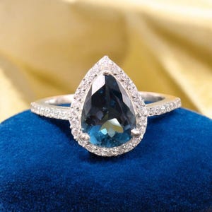London Blue Topaz Ring, Halo Ring, London Blue Topaz Engagement Ring, 925 Sterling Silver, Wedding Ring, December Birthstone, Pear cut Ring