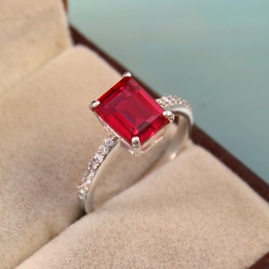 Ruby Ring, Emerald Cut Ring Ruby Engagement Ring 925 Sterling Silver Ring, Wedding Ring Everyday Ring Promise Ring Lab Ruby Ring Unique Ring