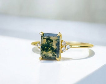Anillo de compromiso de ágata musgosa, anillo de plata de ley con piedra preciosa verde, anillo de promesa único, anillo de boda, regalo para ella.