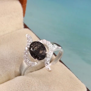 Black Rutilated Ring, Engagement Ring, Black Rutilated Quartz Ring Oval Cut Ring, wedding Ring Anniversary Gift, Promise Ring, Gift For Her