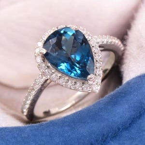 London Blue Topaz Ring, Halo Ring, London Blue Topaz Engagement Ring, 925 Sterling Silver, Wedding Ring, December Birthstone, Pear Cut
