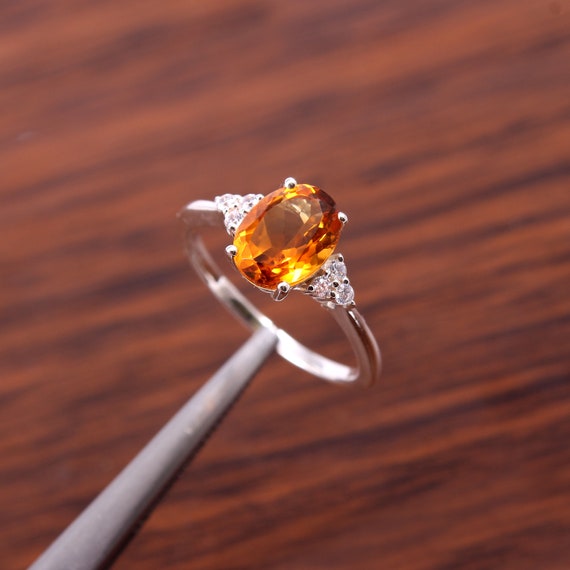 オーバル型天然シトリンリング、925スターリングシルバー製、婚約指輪 