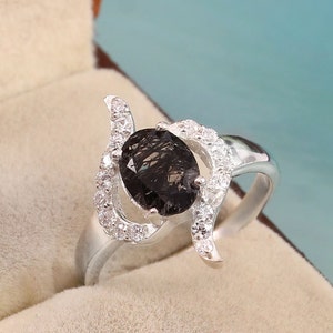 Black Rutilated Ring, Engagement Ring, Black Rutilated Quartz Ring Oval Cut Ring, wedding Ring Anniversary Gift, Promise Ring, Gift For Her