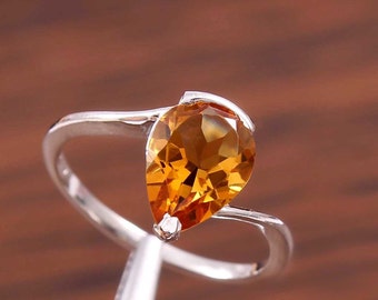Natural Pear Cut Citrine Ring, Sterling Silver, November Birthstone Statement Ring