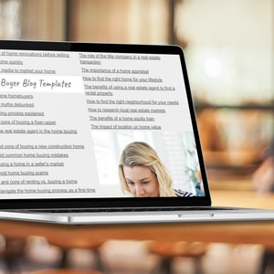 May include: A laptop computer screen displaying a list of blog post ideas for a real estate blog. The list includes topics such as "The dos and don'ts of home renovations before selling", "How to sell your home quickly", and "How to use social media to market your home".