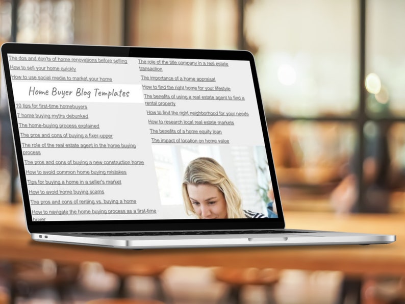 May include: A laptop computer screen displaying a list of blog post ideas for a real estate blog. The list includes topics such as "The dos and don'ts of home renovations before selling", "How to sell your home quickly", and "How to use social media to market your home".