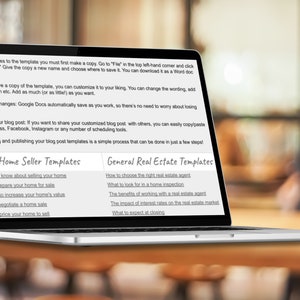 May include: A laptop computer screen displaying blog post templates for home sellers and general real estate topics. The screen shows a list of blog post titles, including "5 things to know about selling your home", "How to prepare your home for sale", "10 ways to increase your home's value", "How to negotiate a home sale", "How to price your home to sell", "How to choose the right real estate agent", "What to look for in a home inspection", "The benefits of working with a real estate agent", "The impact of interest rates on the real estate market", and "What to expect at closing".