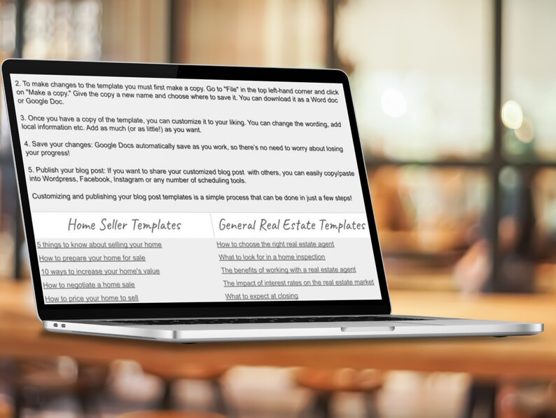 May include: A laptop computer screen displaying blog post templates for home sellers and general real estate topics. The screen shows a list of blog post titles, including "5 things to know about selling your home", "How to prepare your home for sale", "10 ways to increase your home's value", "How to negotiate a home sale", "How to price your home to sell", "How to choose the right real estate agent", "What to look for in a home inspection", "The benefits of working with a real estate agent", "The impact of interest rates on the real estate market", and "What to expect at closing".