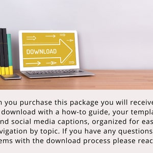 May include: A laptop computer with a bright yellow arrow pointing to the right with the word "DOWNLOAD" in black text. The laptop is on a wooden table with a black metal bookend and a stack of books.