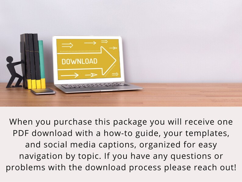 May include: A laptop computer with a bright yellow arrow pointing to the right with the word "DOWNLOAD" in black text. The laptop is on a wooden table with a black metal bookend and a stack of books.