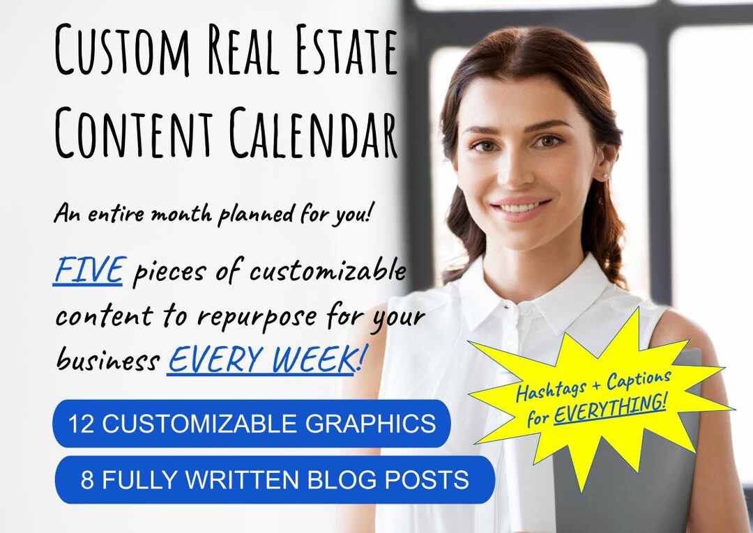 Customizable Real Estate Content Calendar With Graphics, Prewritten