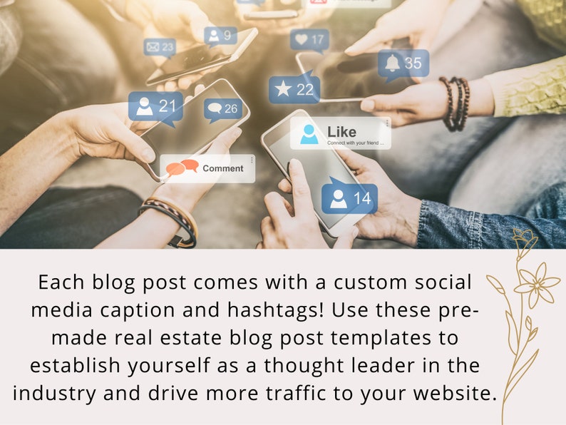 May include: A group of people are using their phones to interact with social media. The phones have icons and numbers representing likes, comments, and shares. The text on the screen reads "Like" and "Comment".