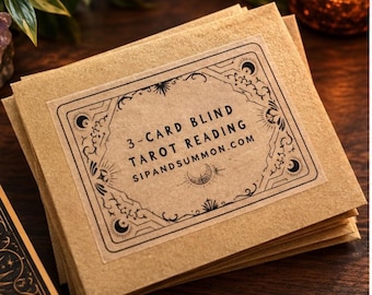 May include: A stack of light brown kraft paper envelopes with a rectangular label featuring black ink illustrations of celestial motifs, including moons and sunbursts. The text reads 3-CARD BLIND TAROT READING and SIPANDSUMMON.COM.