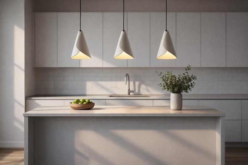 Three sculptural white pendant lights suspended above a modern kitchen island with white cabinetry and soft natural light.