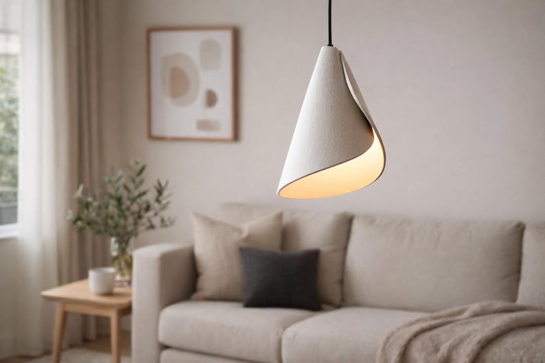 Handcrafted white pendant light with a sculptural folded form, hanging above a modern living room sofa and emitting a warm ambient glow.