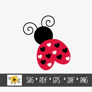 May include: A red ladybug with black spots and white hearts on its wings. The ladybug has black antennae and a black head.