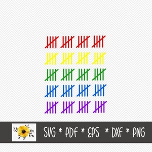 Peut inclure: Cinq rangées de marques de pointage, chaque rangée dans une couleur différente de l'arc-en-ciel : rouge, orange, jaune, vert, bleu et violet. Le texte "SVG * PDF * EPS * DXF * PNG" est sous les marques de pointage.