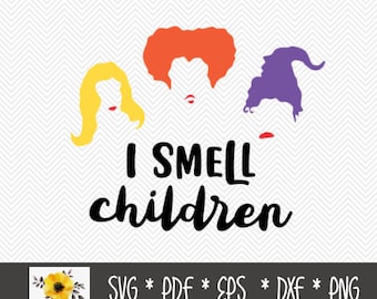 May include: A graphic design featuring three stylized witch silhouettes with yellow, orange, and purple hair. The text "I SMELL children" is below the silhouettes in a black, handwritten font. The bottom of the image includes file type options.