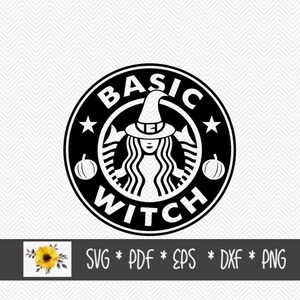 May include: Black and white graphic design of a witch with a witch hat and a pumpkin. The design is in the shape of a coffee cup logo with the text "BASIC WITCH" around the outside.