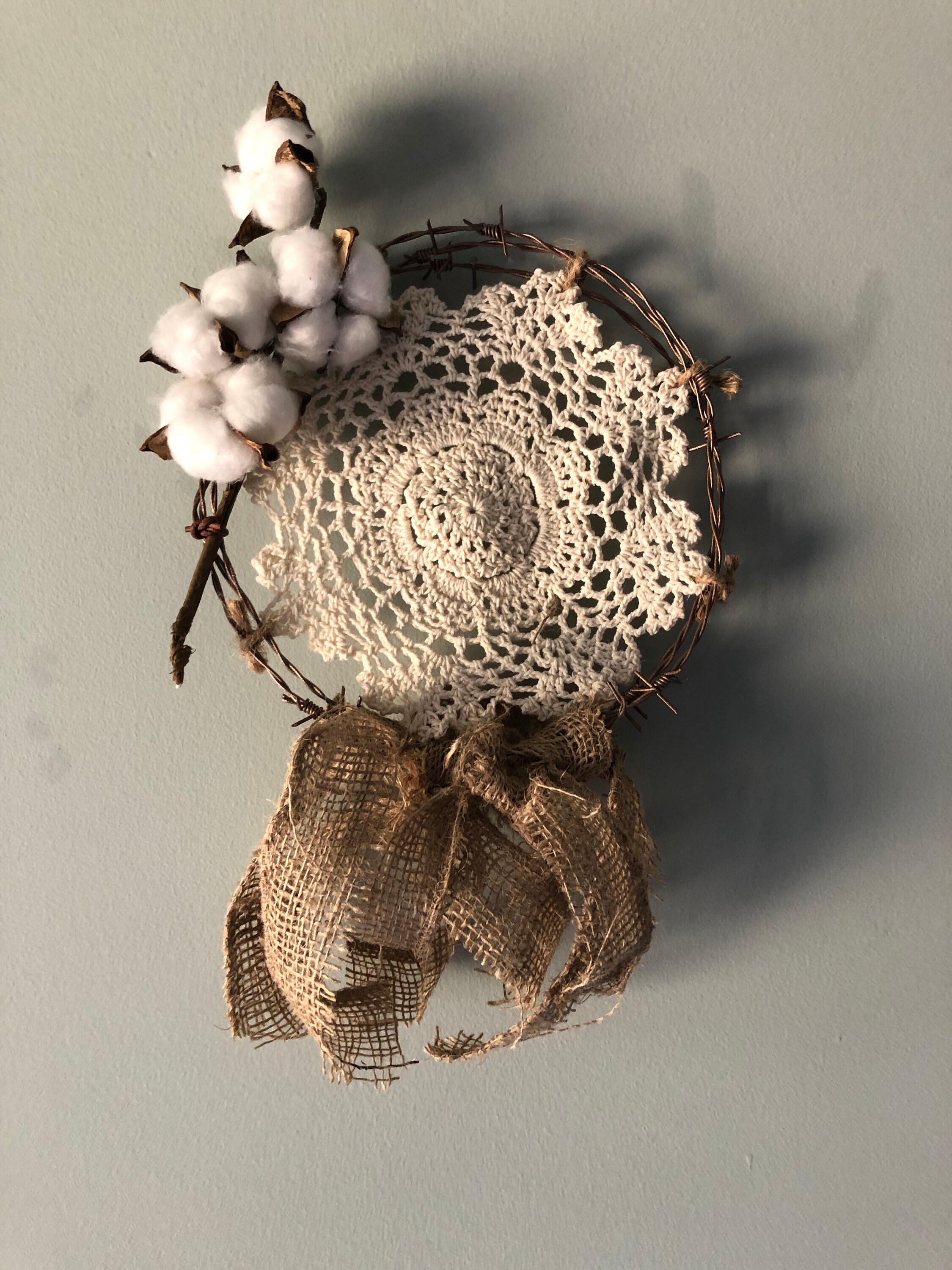 Custom barbed wire dream catcher with cotton and burlap Etsy