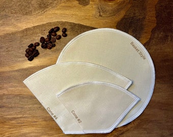 Renew Brew Reusable Coffee Filter Set of 2 or 4, Cotton Cone Pour Over Filter Size 2 -4 Cone or Basket Filter Compostable Biodegradable