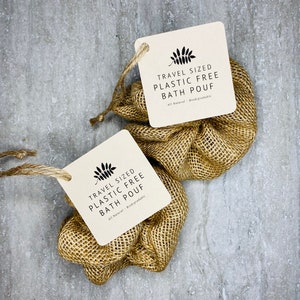 Travel Sized Plastic Free Bath Pouf - Set of 2, Eco Friendly Bath Sponge, Zero Waste, Compostable Loofah, Burlap Luffa, Jute Shower Pouf