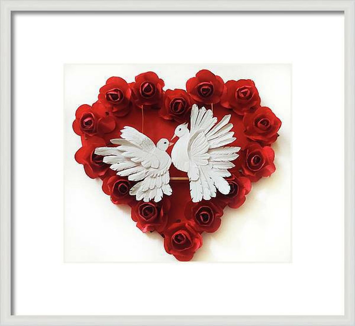 Rote Rosen Herz mit weißer Taube Paar Romantische Papier Kunst | Etsy