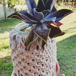 May include: A succulent plant with dark purple leaves in a clear glass jar, encased in a beige macrame plant holder. The plant holder has a woven design. The background is blurred, showing green grass and trees.