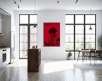 May include: A black and white silhouette of Jimi Hendrix playing a guitar on a red background. The text "Jimi Hendrix" is at the top of the poster.
