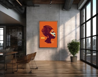 Op de afbeelding: Een ingelijste poster met een kleurrijk portret van Nina Simone. De achtergrond is oranje en het portret is in tinten paars, groen en blauw. Het woord "NINA" is in geel onderaan de poster gedrukt.