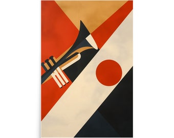 May include: Abstract geometric art print featuring a black trumpet with gold accents against a background of red, orange, white, and black.