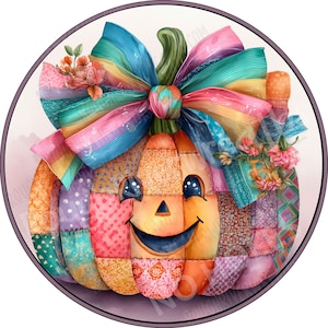 Quilted Patchwork pumpkin with bow aluminum sign, Flat-Lightweight-No Holes-wreath attachment