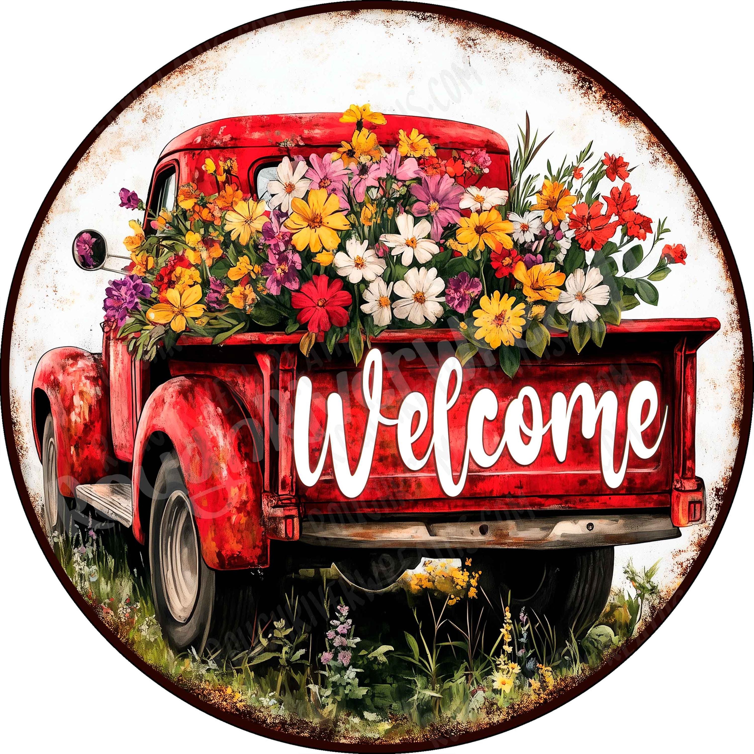 Rustic Old Red Truck Bed With Flowers Aluminum Sign, One