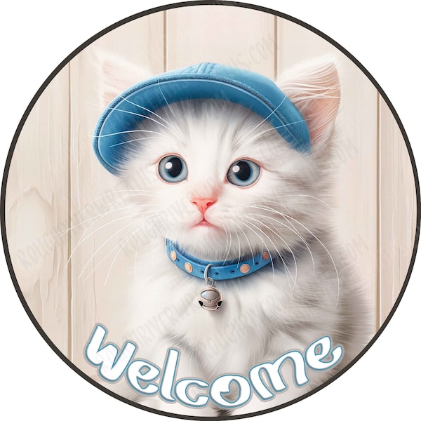 Kitten Welcome Wreath Sign, White Cat Wreath Sign, Cute Kitten Wreath Sign, Wreath Sign Cat, Aluminum Sign, Whimsical Sign