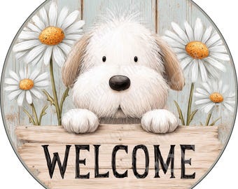 Puppy holding Welcome Sign - Aluminum Sign, Dog Lover, One Dimensional Flat - Lightweight-No Holes-Primary use is attaching to wreath