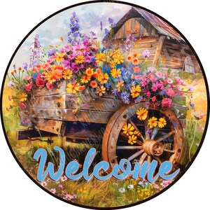 Flower Wagon Wreath Sign, Flower Welcome Wreath Sign, Flower Cart Sign, Aluminum Wreath Sign, Colorful Floral Welcome Sign
