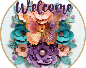 Welcome Butterfly Wreath Sign, Welcome Wreath Sign, Metal Wreath Sign, Aluminum Sign, Butterfly Sign, Elegant Wreath Sign