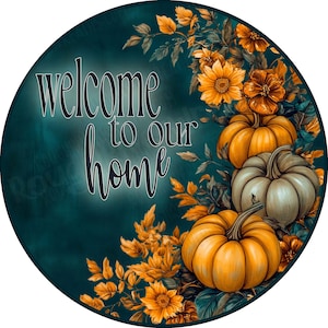 Bienvenido a nuestro hogar Letrero de corona de calabaza, Letrero de otoño, Letrero de corona de calabaza, Letrero de aluminio para hacer coronas, Letrero de otoño