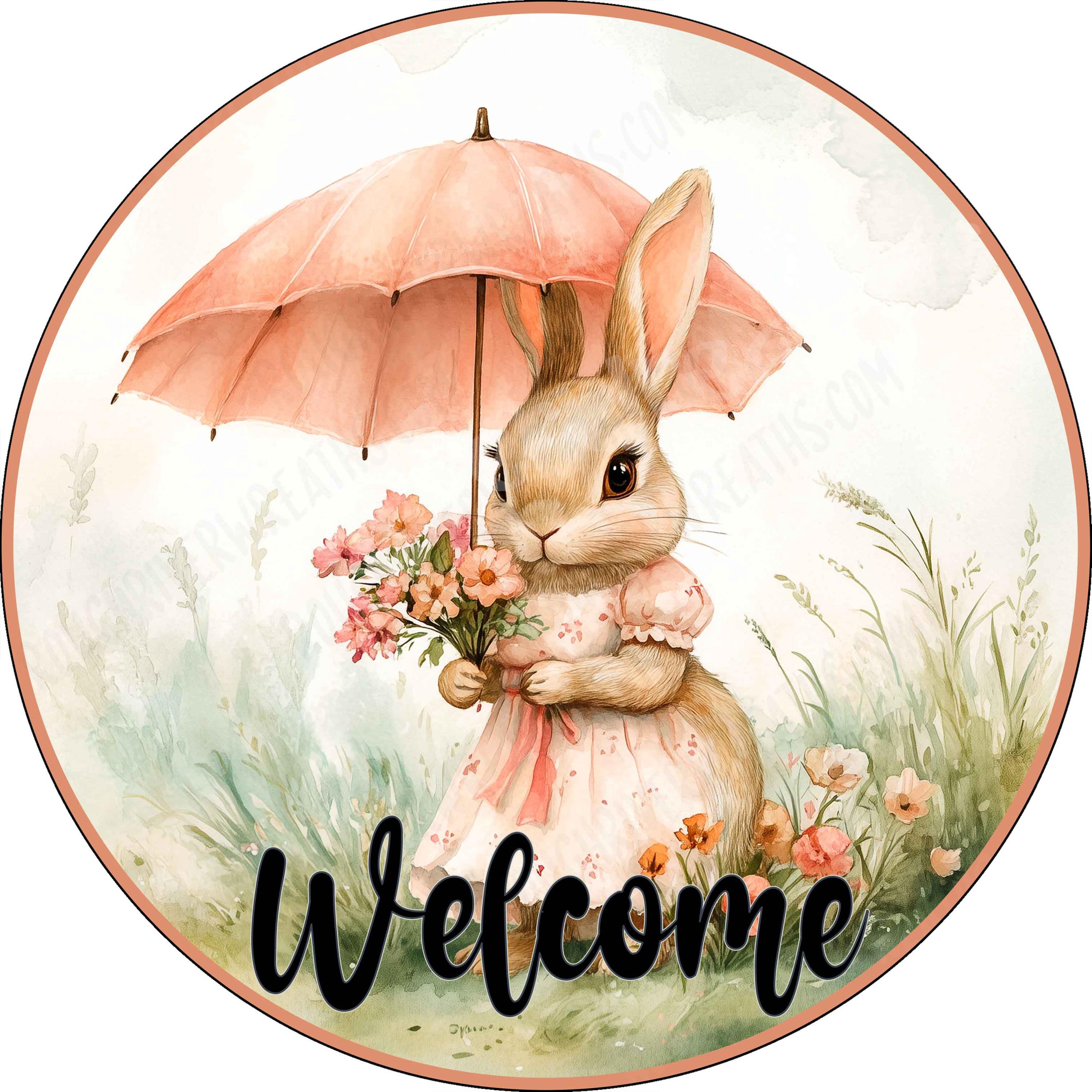 Cute Rabbit With Umbrella Wreath Sign, Rabbit Flowers Sign, Easter Sign ...