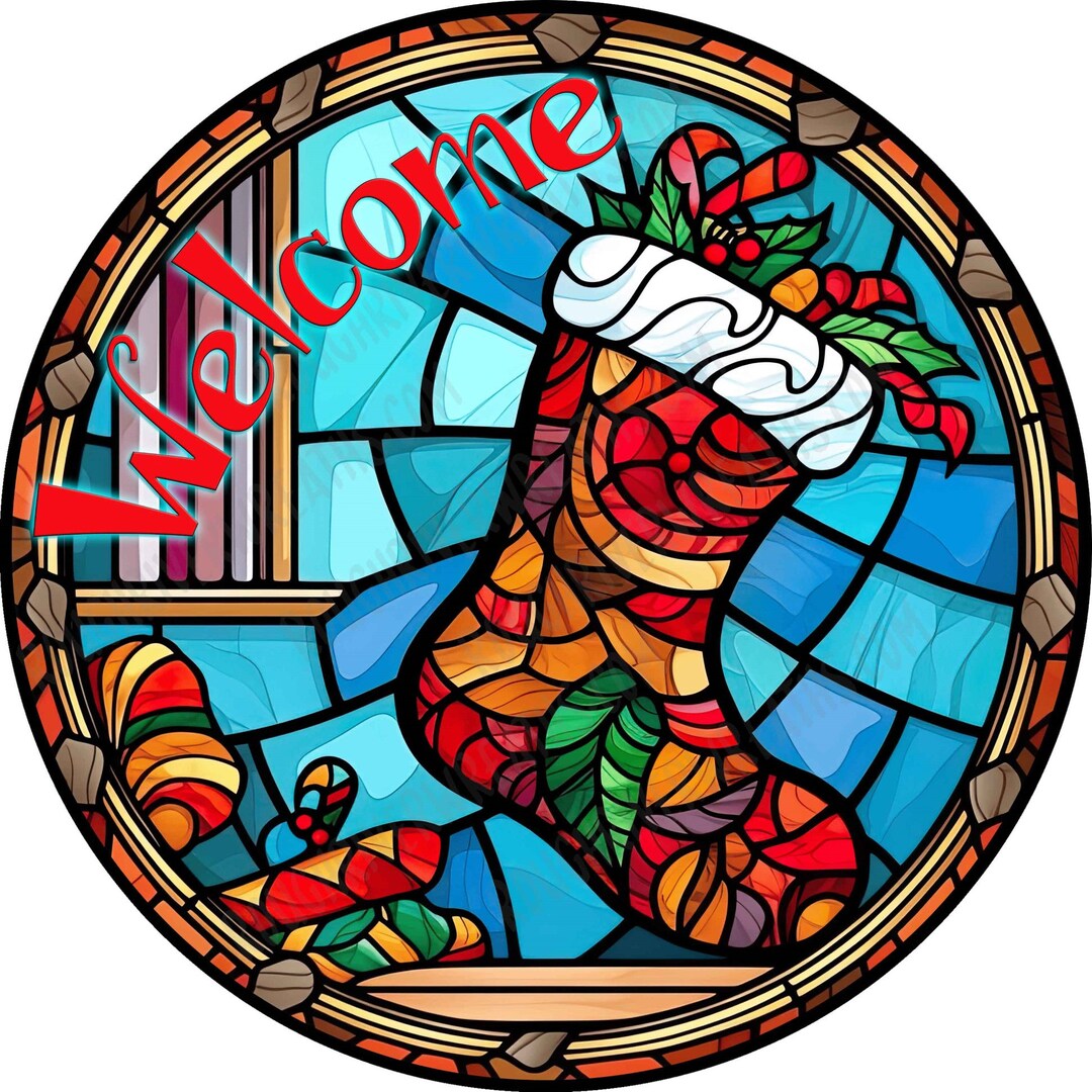 Stocking Wreath Sign, Faux Stained Stocking Sign, Winter Sign, Stocking