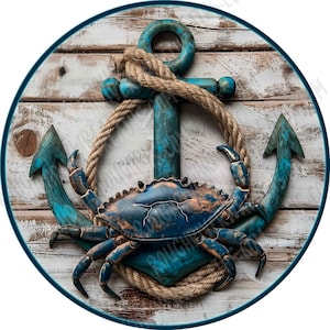 May include: A blue and gold anchor with a rope wrapped around it, and a blue crab on top of the anchor. The anchor and crab are on a whitewashed wooden background.